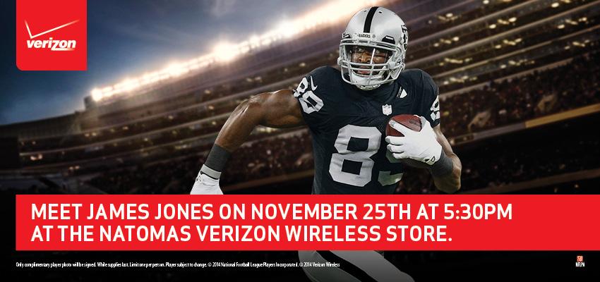 Raiders's tweet photo. Meet WR James Jones on Tuesday, November 25th at 5:30 p.m. at the Natomas Verizon Wireless Store! http://t.co/Mqp00Fmmw5