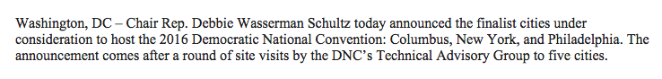 sadlercheryl's tweet photo. DNC has announced 2016 convention city finalists. Cleveland not on the short list http://t.co/zOvniFaUhR