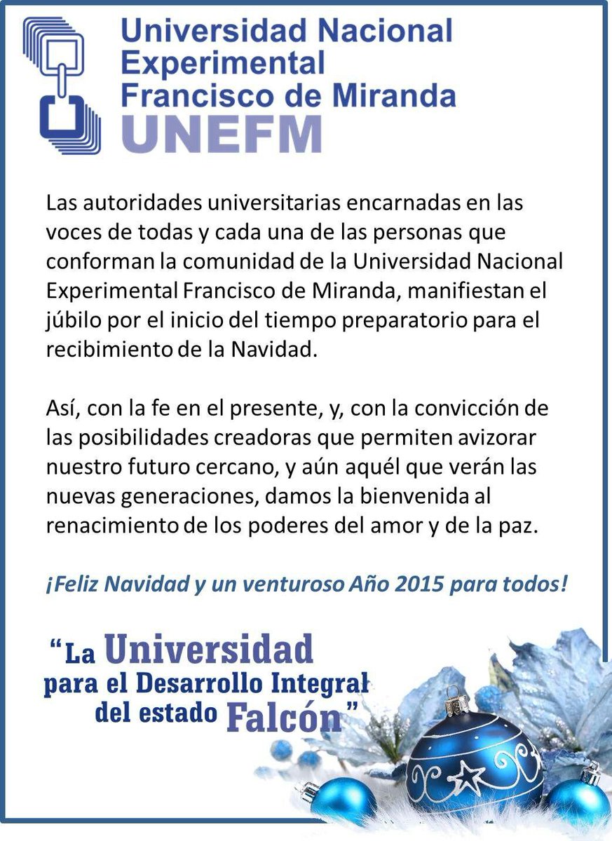 prensaunefm's tweet photo. Mensaje de salutación de las autoridades de la Unefm, a propósito de la llegada de la Navidad. http://t.co/98PYgoe4iv