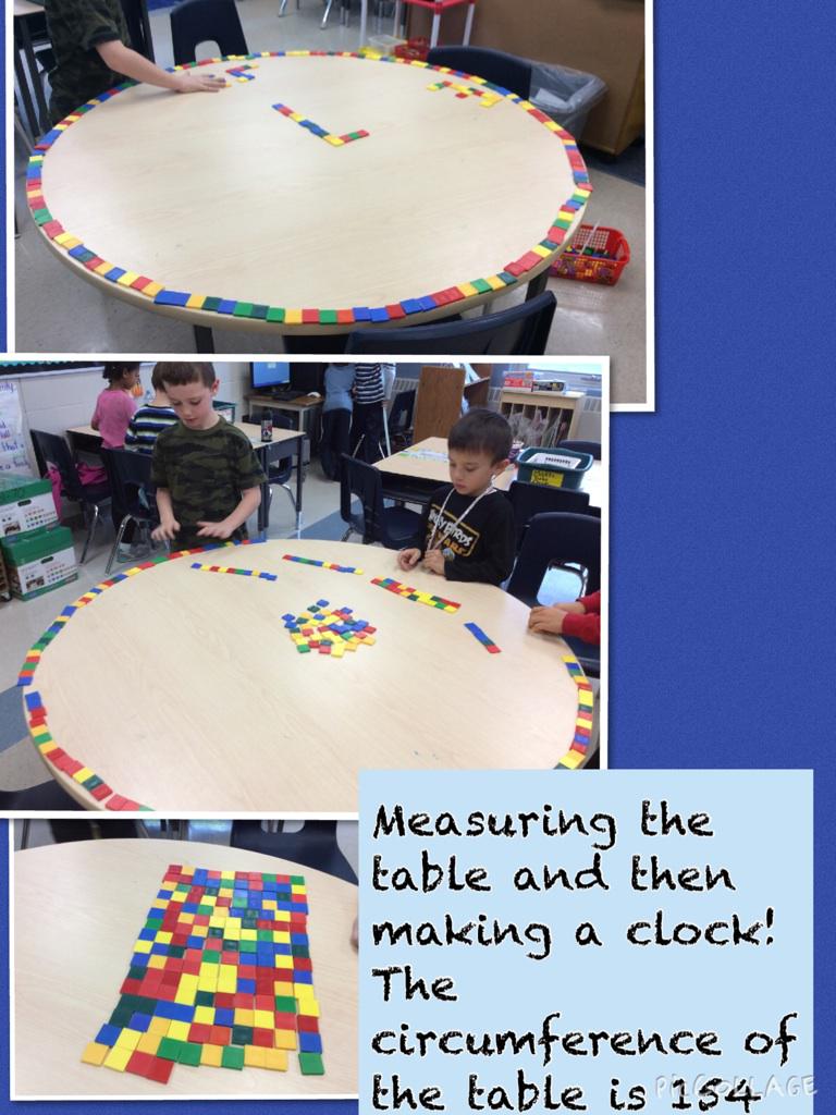 We measured the table. We played at the same time and made a clock! A.M, B.L, and W.C. worked together by helping.