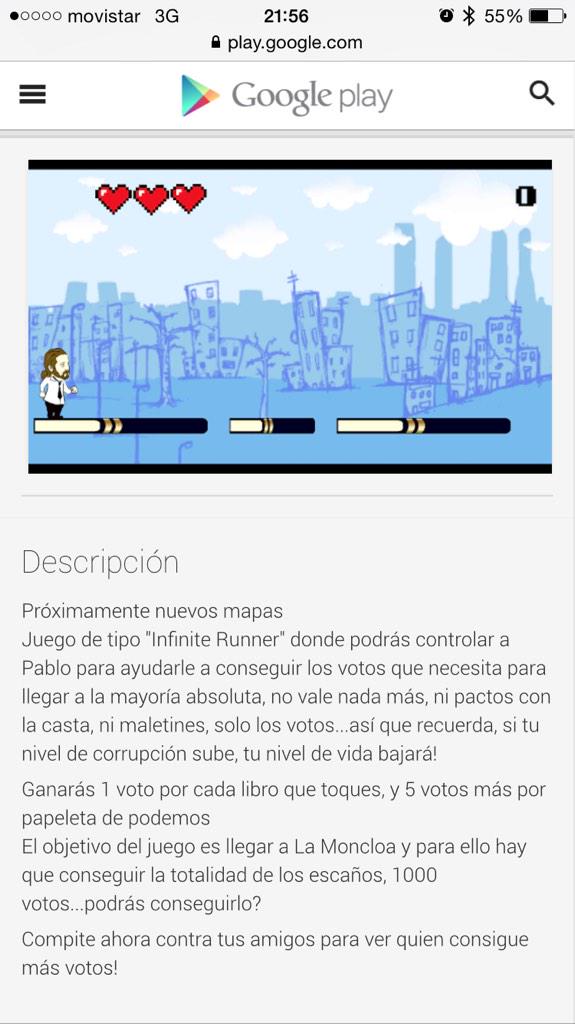 pichisegura's tweet photo. Muy divertido y adictivo el juego de @ahorapodemos #runPablorun vamos Pablo!!!! http://t.co/d9YbLmh4d5
