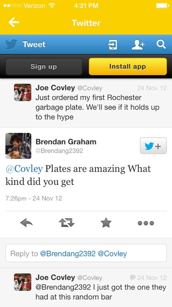 Brendang2392's tweet photo. @Covley Our first Garbage Plate convo #GarbageGuys http://t.co/pXF8jMQST3