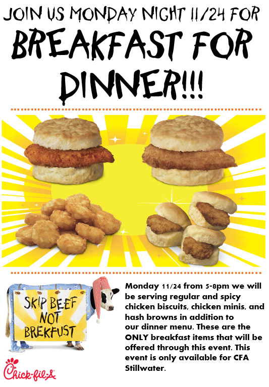 CFAStillwater's tweet photo. BREAKFAST FOR DINNER TONIGHT 5-8!!! http://t.co/U8tfXywFzR