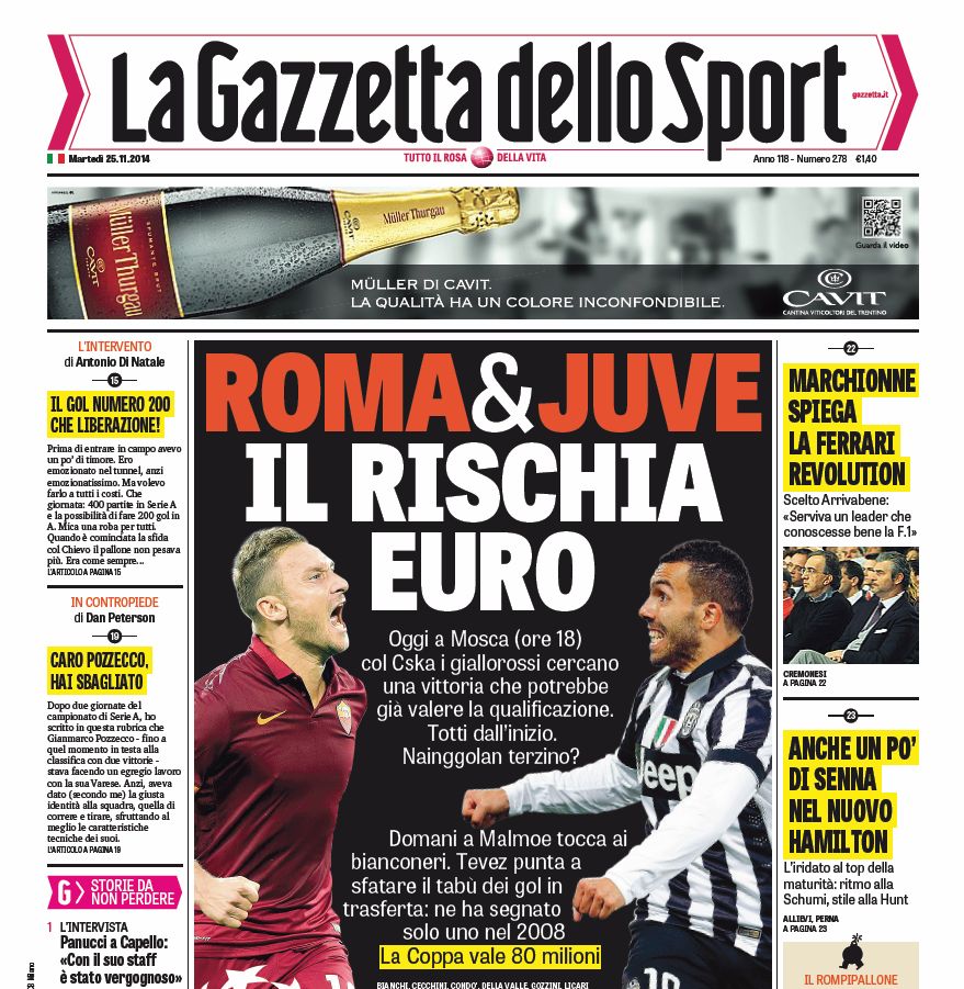 Portada de La Gazzetta dello Sport del 25 de Noviembre