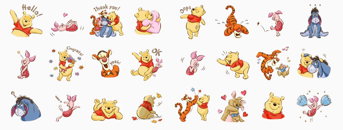 くまのプーさん」のLINEスタンプ。おなじみの100エーカーの森の仲間