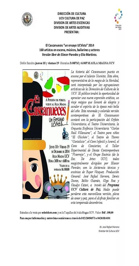 "<a href="/CulturadePazUCV/">ArtesEscenicasUCV</a>: Nota de Prensa  El Cascanueces, un ensayo UCVista 18 y 19 de Dic  " ¿Vamos? @adrianamarrn