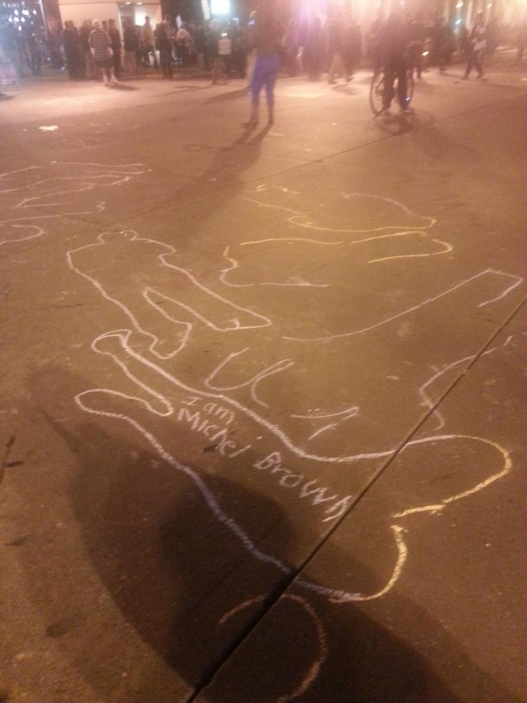 In Oakland protesters drew chalk lines in the street following the Brown decision.