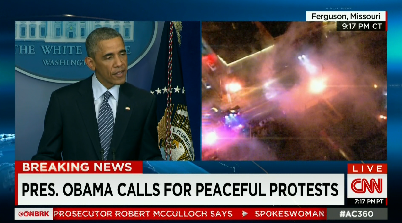Incredible juxtaposition: Obama calmly speaking while #Ferguson burns