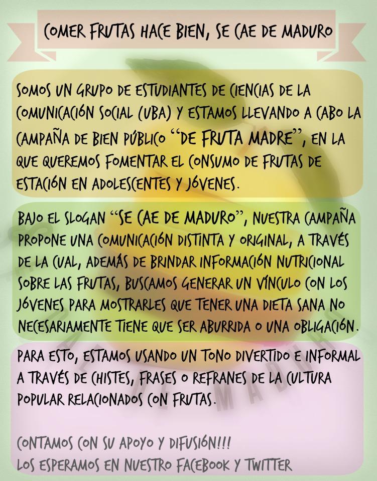 DeFrutaMadre14's tweet photo. Fede, nos ayudas a difundir esta campaña al aire? Somos estudiantes de Comunicación (UBA)! @comunidad951 @FedeElli http://t.co/vKgxJF8piu