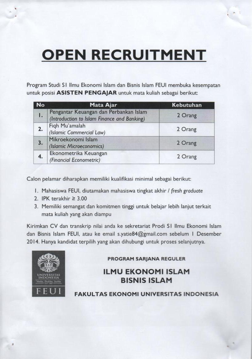 Open Recruitment Asisten Pengajar 2014, Program Studi S1 Reguler Ilmu Ekonomi Islam dan Bisnis Islam FEUI