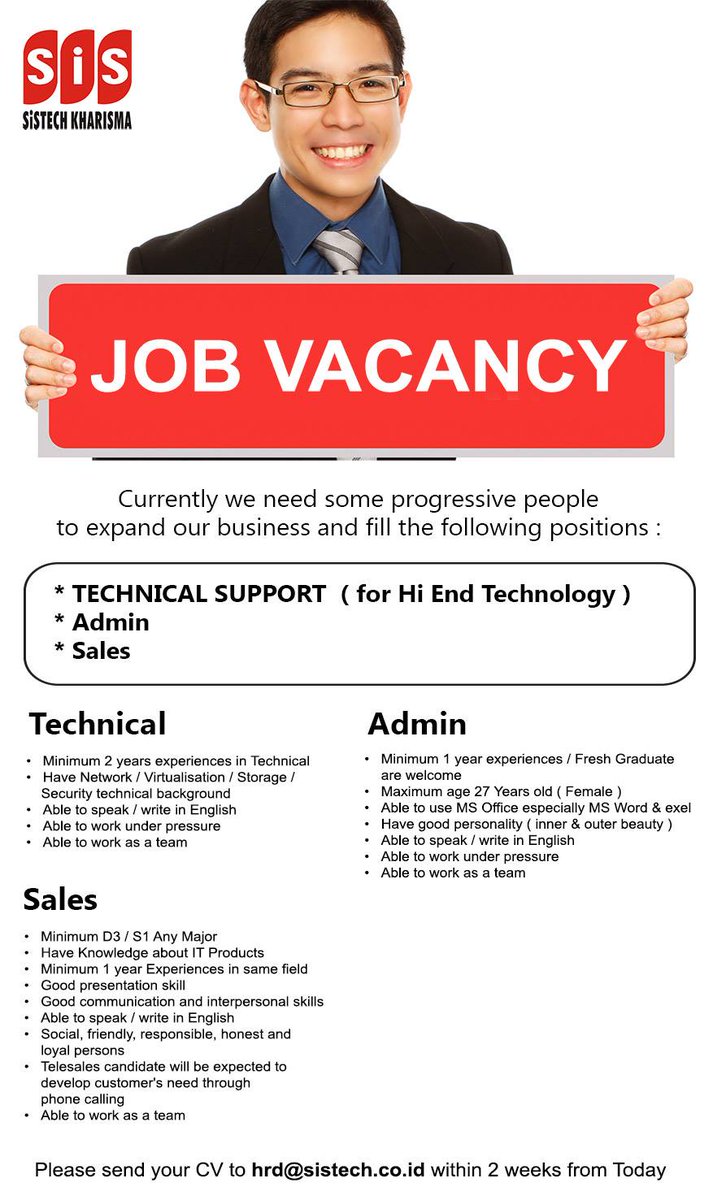 SistechKharisma's tweet photo. We are hiring now! Job vacancy: technical, admin &amp; sales. Send your CV to hrd@sistech.co.id (1/2) http://t.co/qtvYEXa2u5
