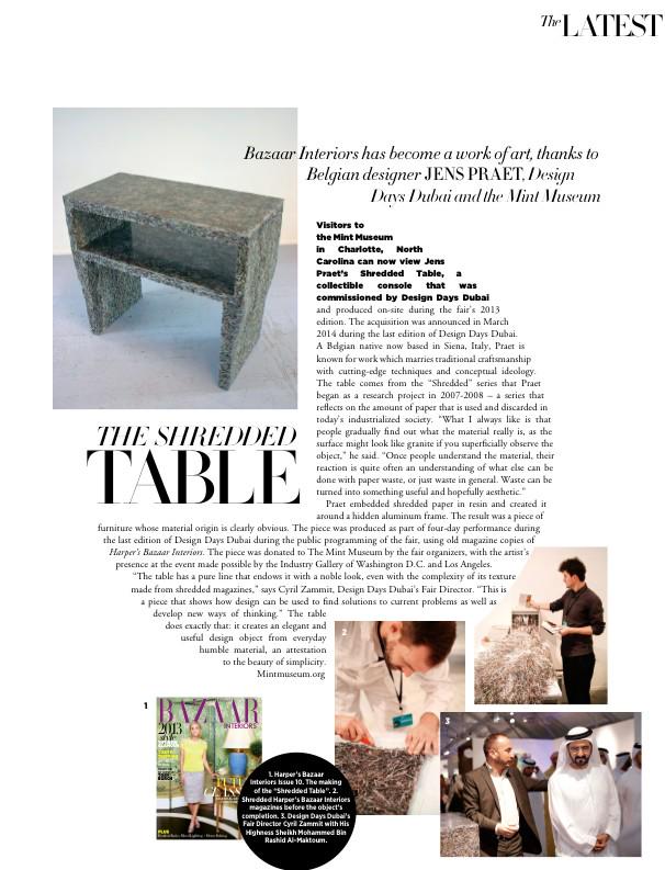 Dubaidesignweek's tweet photo. #DesignInMedia: @DesignDaysDubai's donation of #ShreddedTable to @TheMintMuseum in the new issue of @HB_Interiors http://t.co/lgPStrDyNN