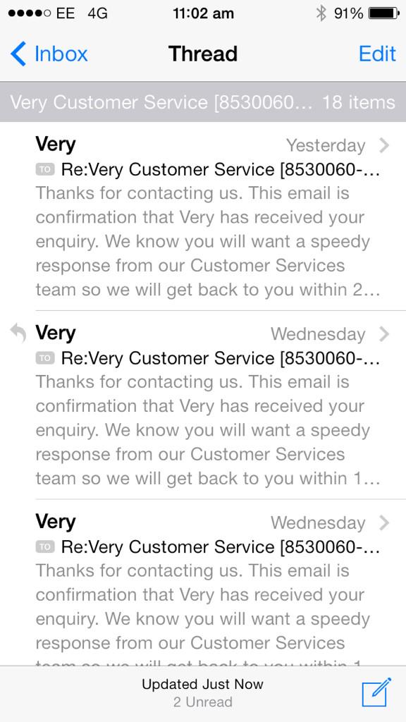 Staceybarbs2's tweet photo. @VeryHelpers as you can see I've had 3 emails back to advise I'll receive a response within, 6 hours/8hours &amp; 24 http://t.co/2woHjwwO56