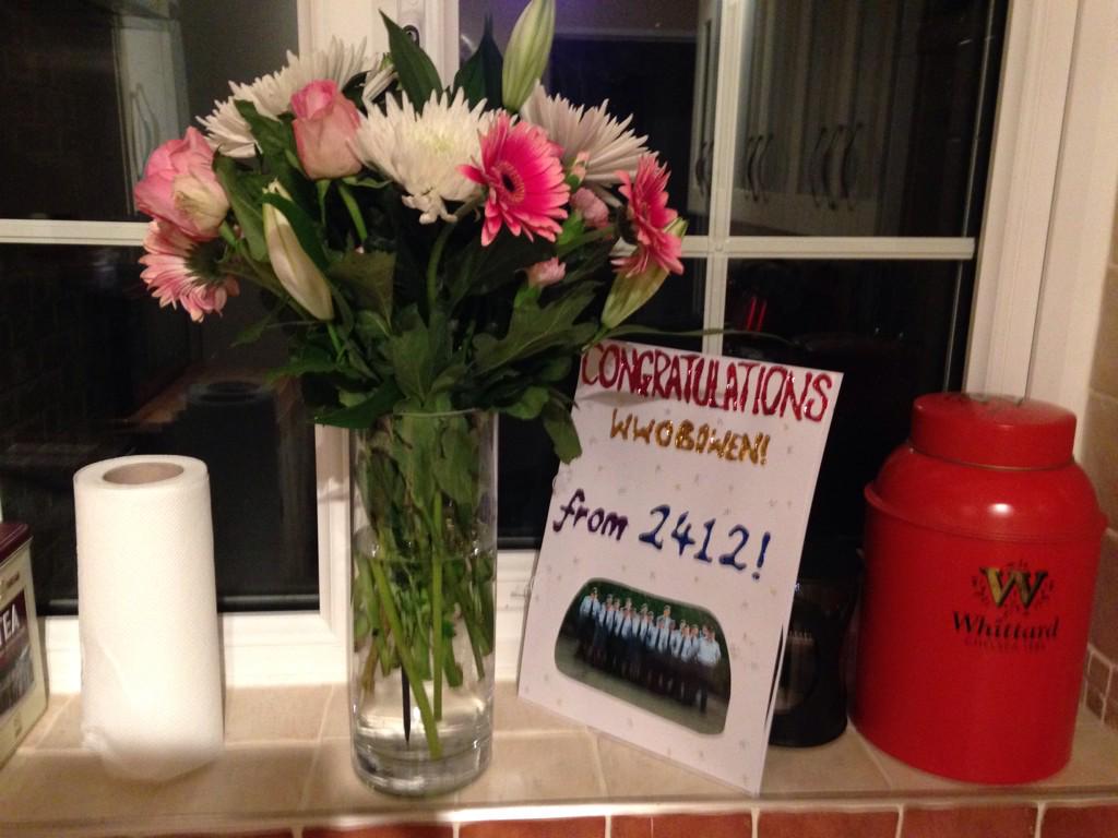 SMBMedic's tweet photo. Flowers and card from cadets from 2412     Bordon Sqn - thanks for the cupcakes (no photo - all eaten but not by me) http://t.co/wu4hSLAUTk