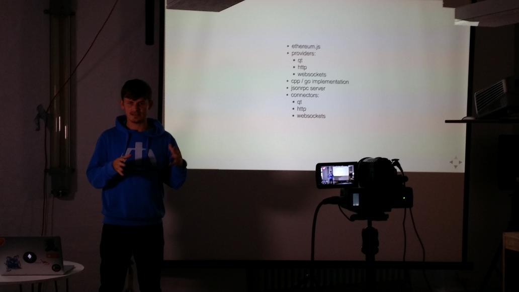 ethereum's tweet photo. Marek takes us through the latest developments of the Ethereum javascript API - #DEVCON http://t.co/qv8UPxcLN3