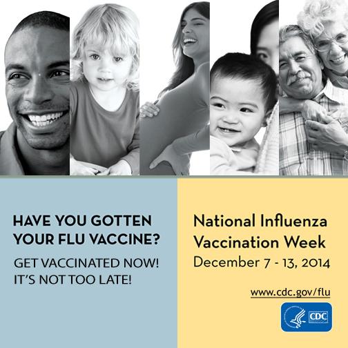 CDCFlu's tweet photo. Nat'l Influenza Vaccination Week (NIVW) is Dec.7-13. Check CDC's NIVW site for resources! http://t.co/AarrF1ONoG http://t.co/UW5CyQx1LQ