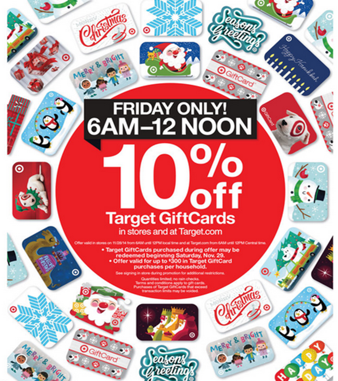 everett_bryan's tweet photo. First time ever! 10% off @Target GiftCards. Black Friday, 6 a.m.-noon, in store and online, $300 max. #TargetScoop http://t.co/69f4PffQZD