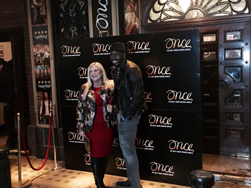 OnceMusicalLDN's tweet photo. It's pre-show time! Here's @VanessaOnAir and @BigBenOfoedu ready for #OnceRonan 🎻🎶🎸 http://t.co/gLn8qbEQtk