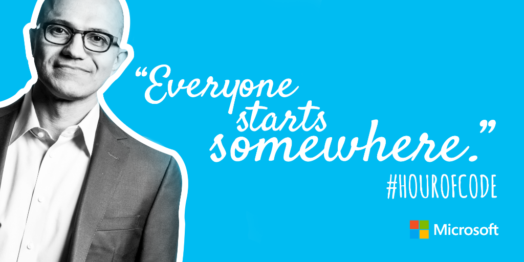 Microsoft's tweet image. We’re challenging you to learn coding with #hourofcode. Here’s how you can get started: msft.it/6015t61Z