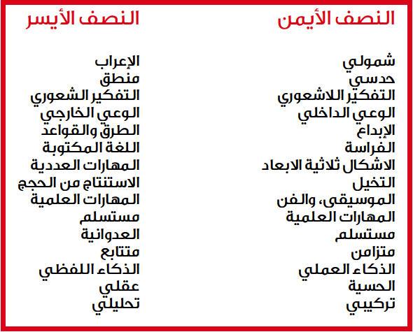 نصفي الفرق الدماغ بين 1..ت..تقسيم أجزاء