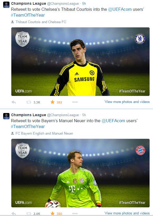ChampionsLeague's tweet image. Vote for your 2014 #TeamOfTheYear on @twitter! Visit our favourites tab and retweet. @thibautcourtois leading so far!
