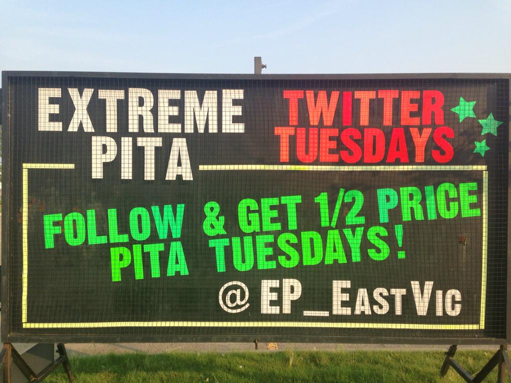Bring a friend day! Half price pitas today for our twitter followers. #EPEastVic #TwitterTuesday