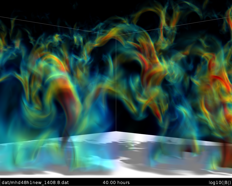NASA's tweet photo. Supercomputer simulations to learn how magnetic fields emerge &amp; produce sunspots and flares: http://t.co/IFSj8dnwV7 http://t.co/X34JKwHxhy