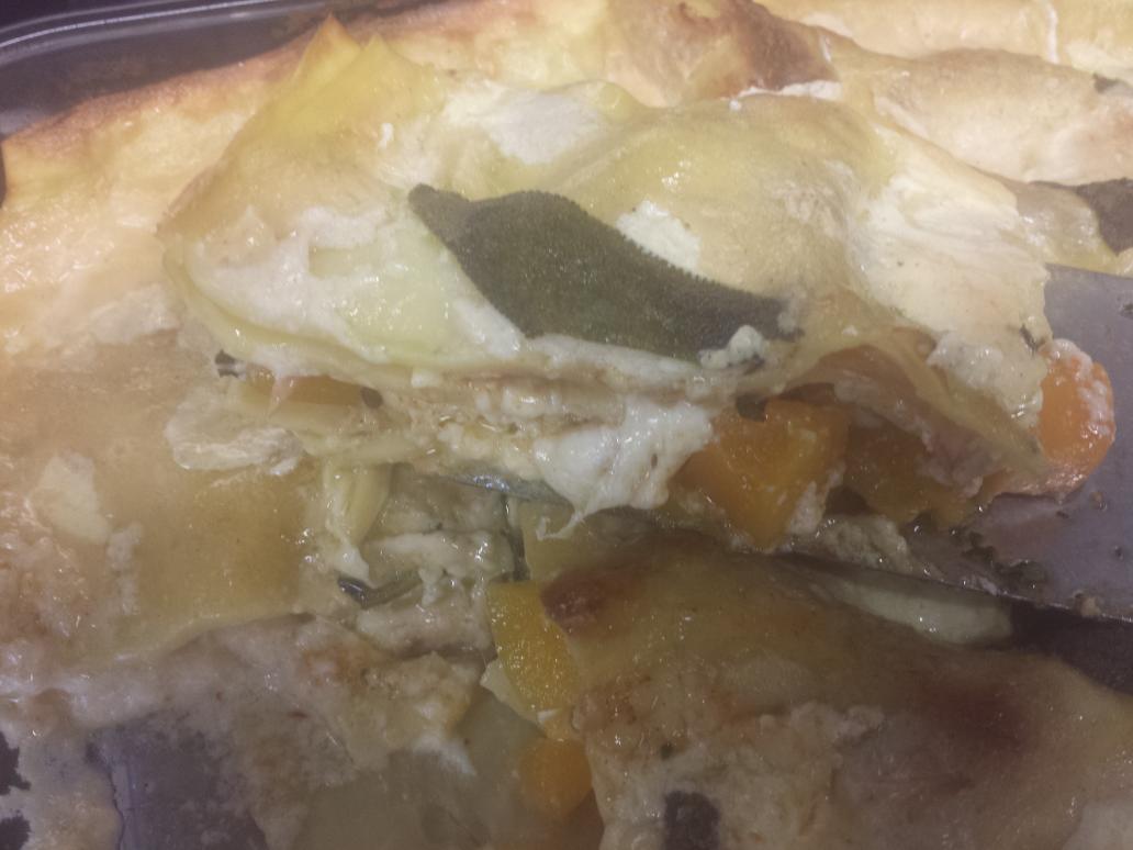 Luscious butternut squash lasagna with prosciutto,  mozzarella and fresh sage.