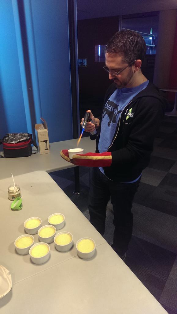 SimGuruJohn's tweet photo. Breaking news,  @SimGuruDaniel is making creme brulee for us at 9:30 in the morning http://t.co/YcKIbYlZJJ