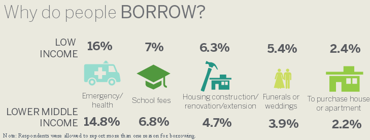 financialaccess's tweet image. Why people around the world borrow.  Full graphic available at bit.ly/11VdDoM  Data from @globalfindex 2012