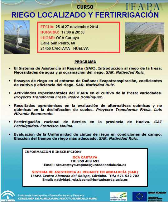 PacoMolinaGat's tweet photo. Continuaremos 26 N hablando de #Fertirrigación Racional de Berries en Cartaya (Huelva) Curso Riego Localizado IFAPA http://t.co/N4pQDQseGU