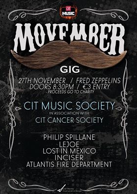 CITCancer's tweet photo. Movember gig this Thursday in Fredz! Free moustaches!#CIT #MusicSociety #CancerSociety  #Fredzepplins  #GetInvolved http://t.co/4MMGwNlgQQ