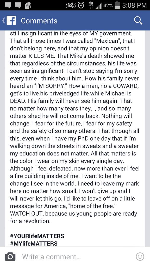 jennalexandra_'s tweet photo. This is why. #MichaelBrown #ImSorryMike #NoJusticeNoPeaceNoRacistPolice http://t.co/DXxWyau2pb