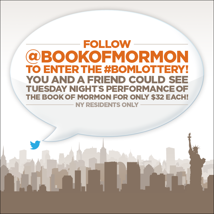 BookofMormon's tweet photo. RT &amp; follow to enter the Broadway #BOMDrawing for TUES 12/16! Don't miss out on $32 tix! 18+ NY residents only http://t.co/IDeNkxbKcX