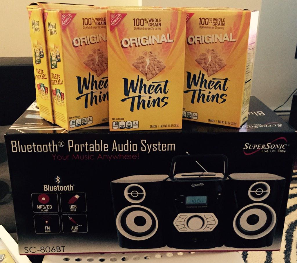 MaerynStills's tweet photo. Yay! Ten boxes of wheat thins and a boom box!! #wheatbash #MustHaveWheatThins thanks @WheatThins http://t.co/2W0qY5NBL3