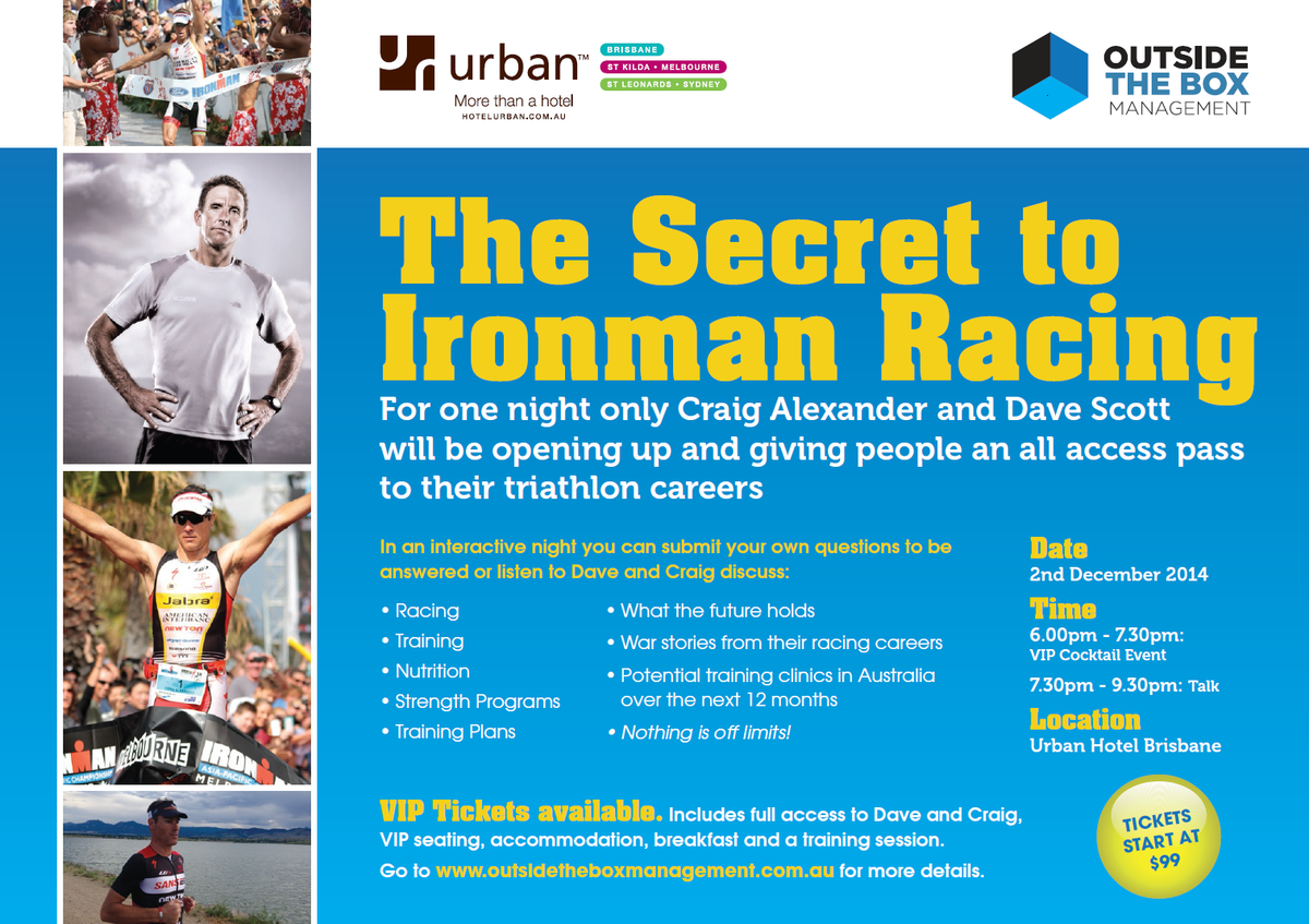 Only a few days left to get tickets to the night with <a href="/CrowieAlexander/">Craig Alexander</a> &amp; <a href="/DaveScott6x/">Dave Scott</a> at the <a href="/HotelUrban/">Hotel Urban</a> Bris.