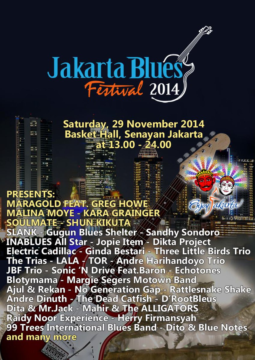 Sabtu (29/11) #jakbluesfest <a href="/slankdotcom/">Slank Band</a> <a href="/GBluesShelter/">GBluesShelter</a> <a href="/SondoroMusic/">Sandhy Sondoro</a> <a href="/TORnografi/">TOR</a> at Basket Hall Senayan Htm 100