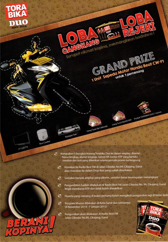 "LOBA CANGKANG #TORABIKA DUO LOBA REJEKI", DAPATKAN GRANDPRIZE HONDA BEAT FI-CW dan hadiah2 lainnya