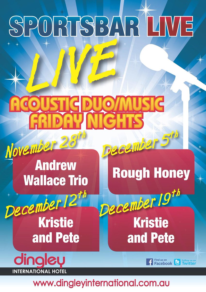 DingleyIntHotel's tweet photo. Starting this Friday Acoustic Sessions Sportsbar from 830PM. 4 dates in 2014. http://t.co/XDtDMt2quS