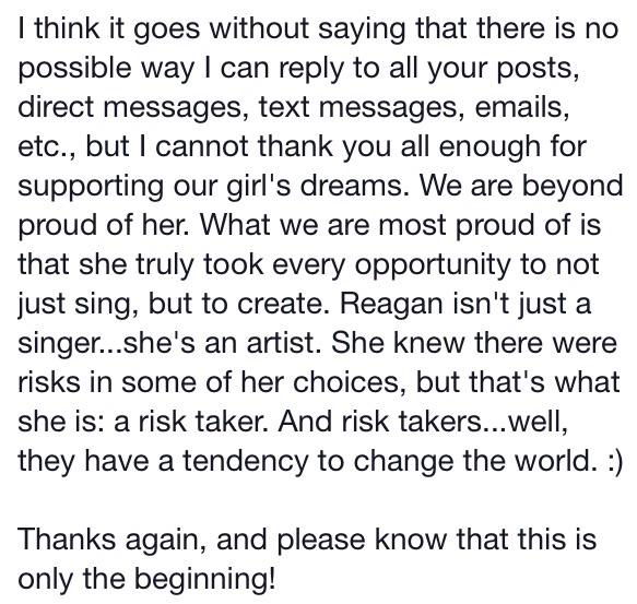 ProducerSusan's tweet photo. My message to all of you who have supported @thereaganjames.❤️ #VoiceResults #teamblake @blakeshelton http://t.co/Xnoid6BJY1
