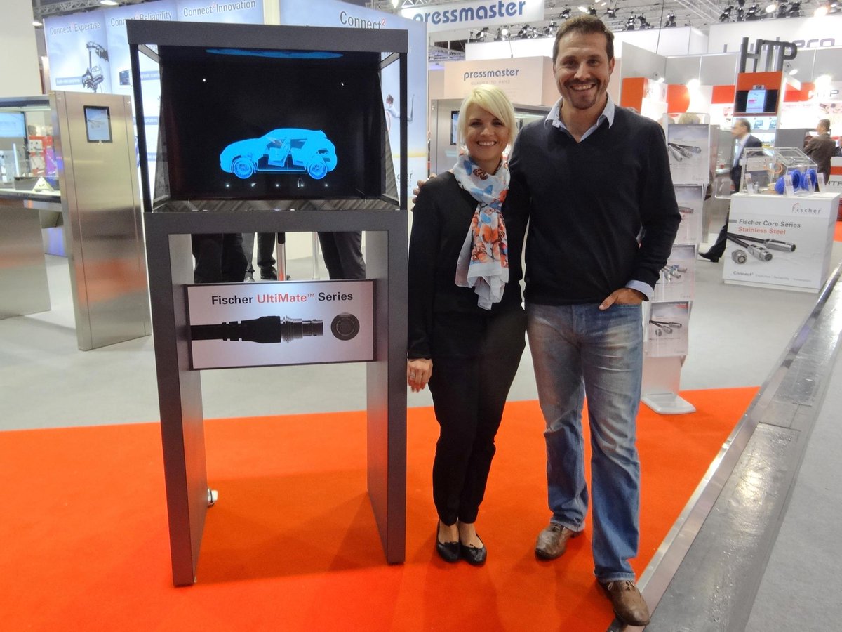 xdietlin's tweet image. with Sabrina Fischer celebrating the new holographic &quot;skin&quot; showcases @FischerConnect #electronica2014 #Munich