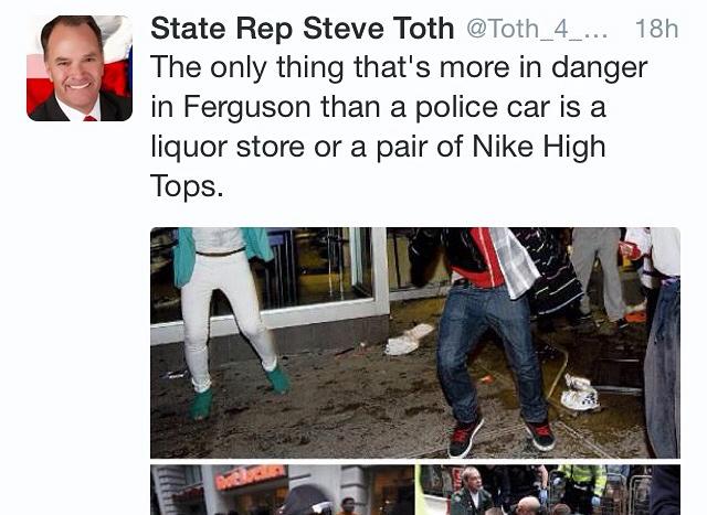 sweatypaige's tweet photo. WTF?! @Toth_4_Texas is an elected official... representing TEXAS. #NOTokay #Ferguson #endracismnow http://t.co/wPw9vrXOmw
