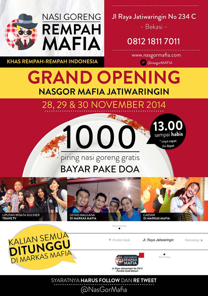 BekasiUrbanCity's tweet photo. #GrandOpening Nasgor Mafia Jatiwaringin, 1000 piring GRATIS bayar pake doa. Follow dan RT @nasgormafia http://t.co/cUsX8vfMk4