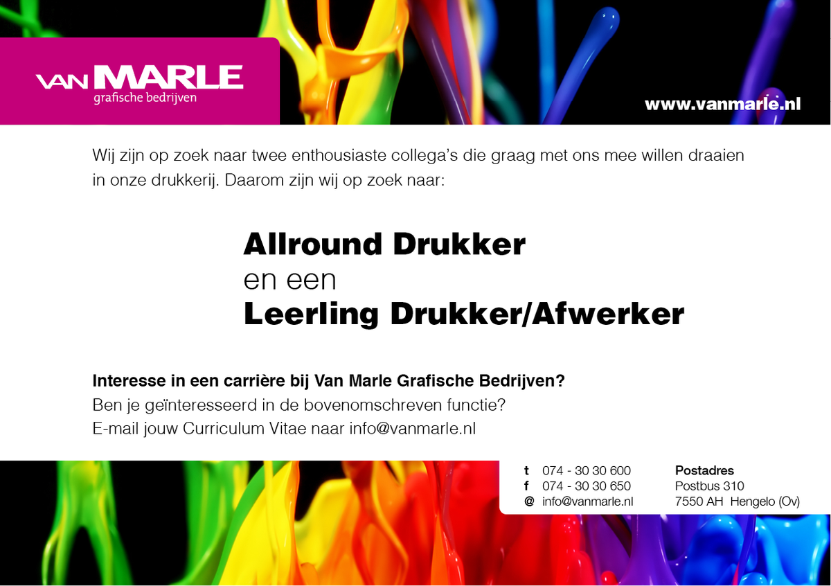Wij zijn op zoek naar twee enthousiaste collega’s die graag met ons mee willen draaien in onze drukkerij.