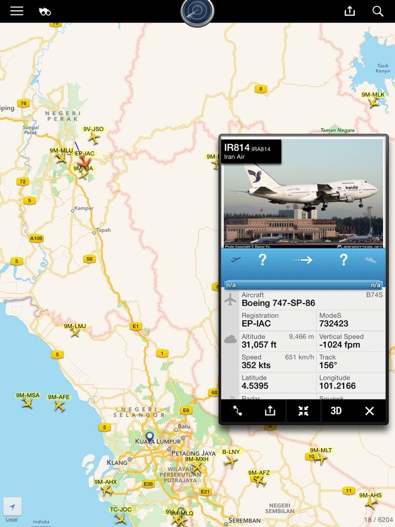 747SP_com's tweet photo. Iran Air B747SP EP-IAC approaching KUL right now. #747SP #AvGeek #IranAir #flightradar24 #EPIAC http://t.co/bZFF2QPmP5