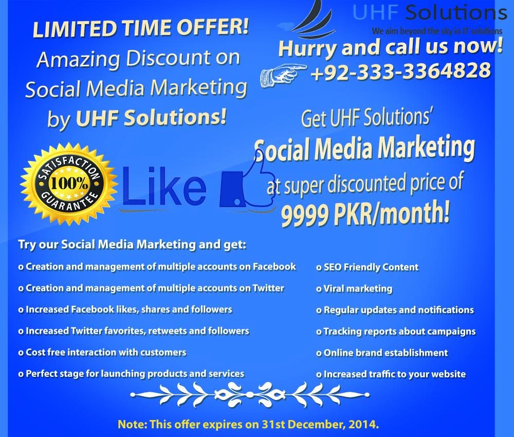 uhfsolutions's tweet image. SUPER DISCOUNT! #SocialMediaMarketing in $99.99 USD/9, 999 PKR ONLY! Contact:twittersales@uhfsolutions.com!