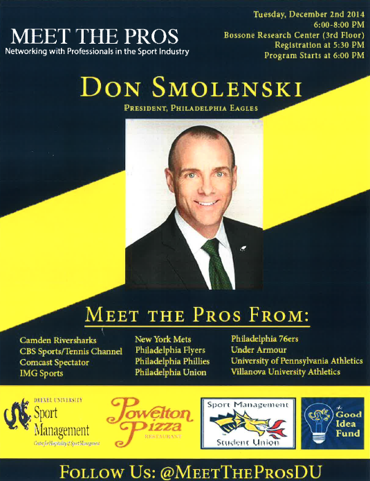 drexelsportbiz's tweet photo. SMT 275 hosting @MeetTheProsDu event Tuesday, Dec 2nd 6pm in Bossone @DrexelUniv! @MattGrayDrexel @collegeathlete http://t.co/LTVRTpSUJp