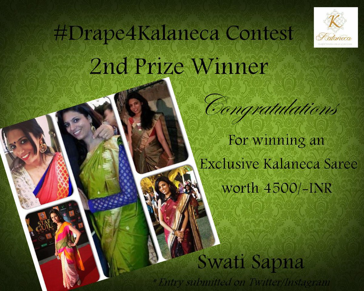 KalanecaIndia's tweet photo. 2nd prize winner of #Drape4Kalaneca contest winning a KALANECA saree worth 4500/-INR @LazyEpicurean CONGRATULATIONS:) http://t.co/v1CdOauc4c