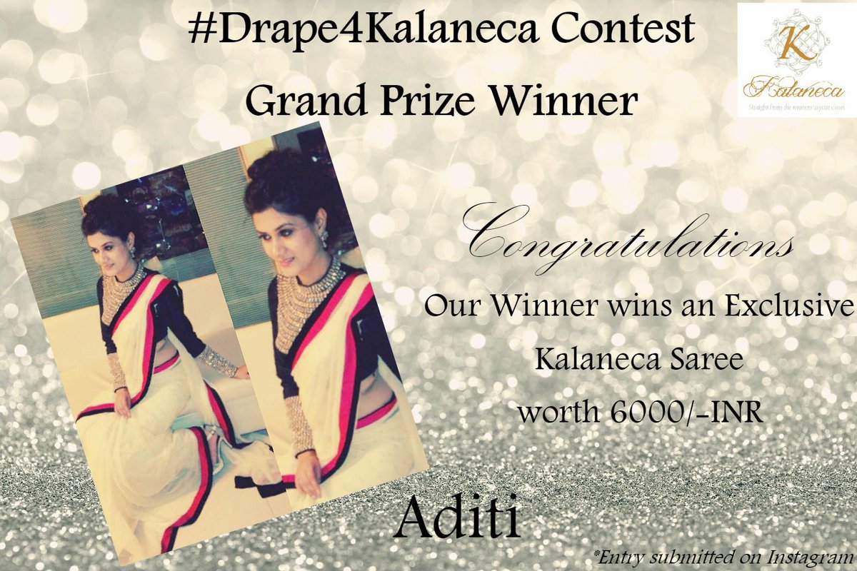 KalanecaIndia's tweet photo. **DRUMROLL**
Winner of #Drape4Kalaneca contest,winning an exclusive Kalaneca Saree worth 6000/-INR
Aditi(Instagram) http://t.co/MOzGQvLIRq