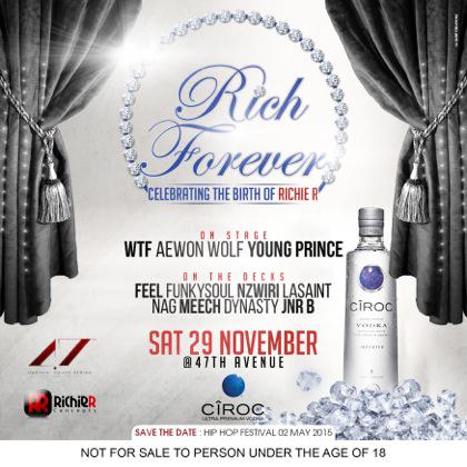Richie867's tweet photo. #RichForever with #CIROC celebrating MY BIRTHDAY @47thAvenue_DBN ft.#WTF @AewonWolf @YOUNGPRINCEUKR #Sat28Nov http://t.co/MUcT3EryuX